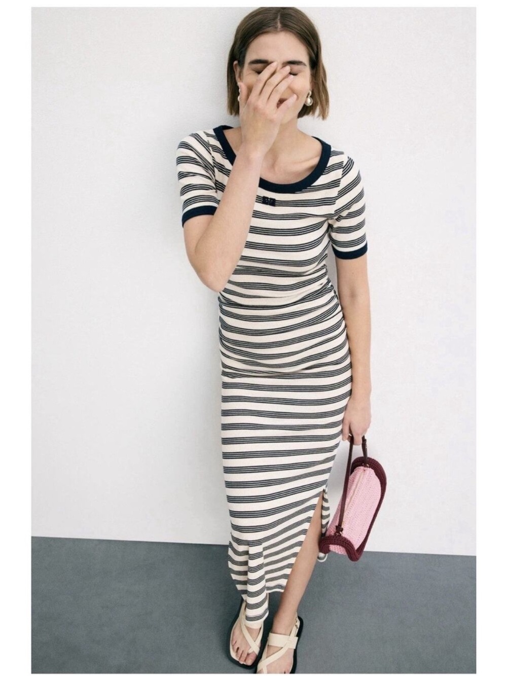 GANNI Striped Soft Cotton Rib Short Sleeve Dress, Size: L